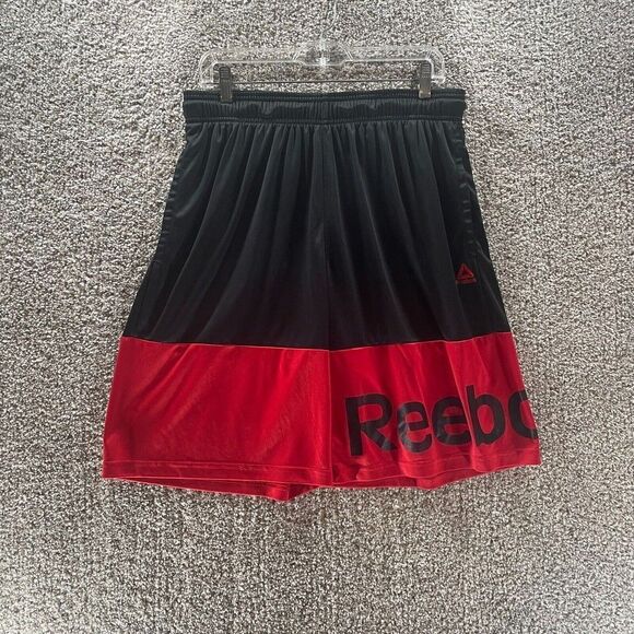 Reebok Shorts Mens Large Black Red Athltic Gym Running Pockets Casual Logo Run - Picture 1 of 12